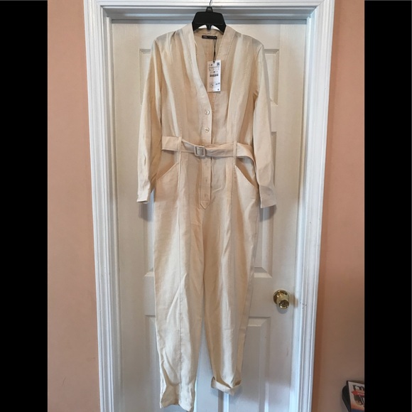 Zara Pants & Jumpsuits Zara Womens Long Belted Jumpsuit Beige